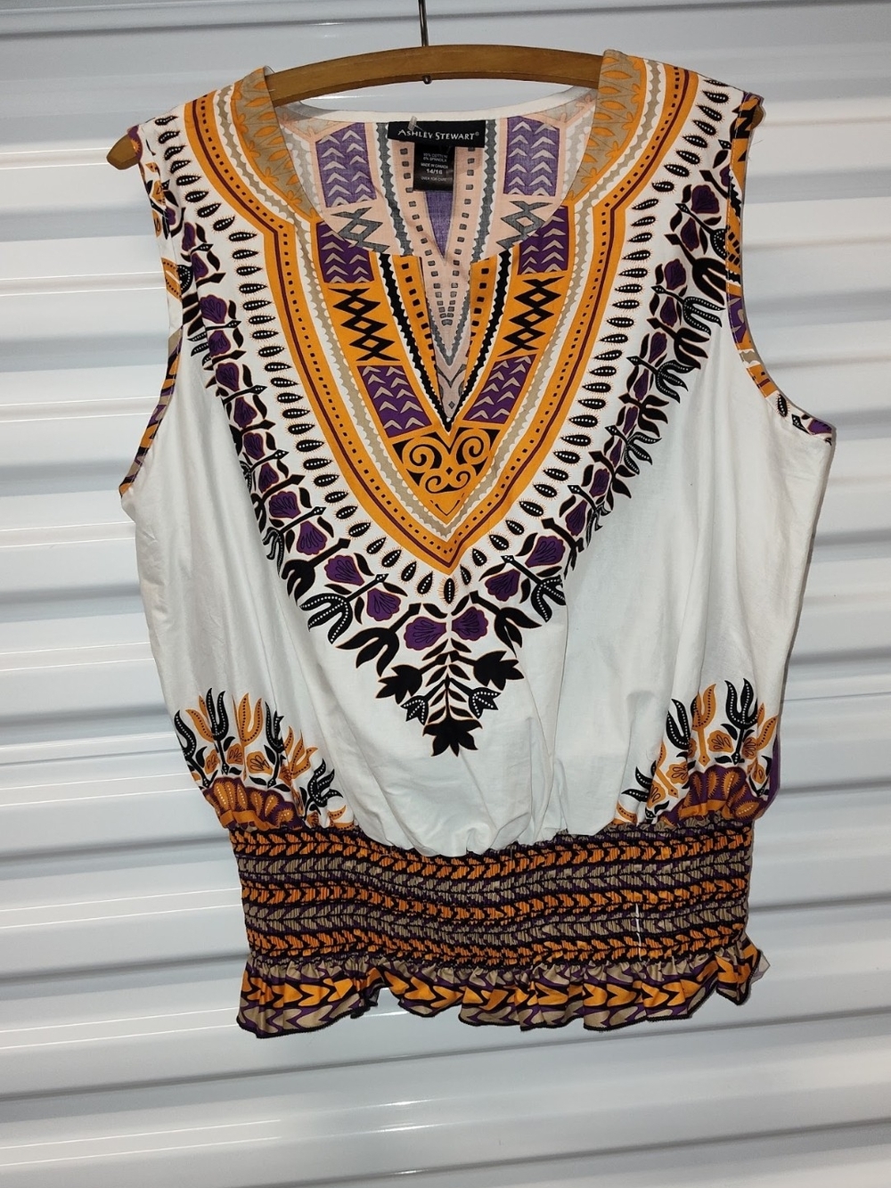 Ashley Stewart White Sleeveless V-Neck Tank with Purple & Gold Print